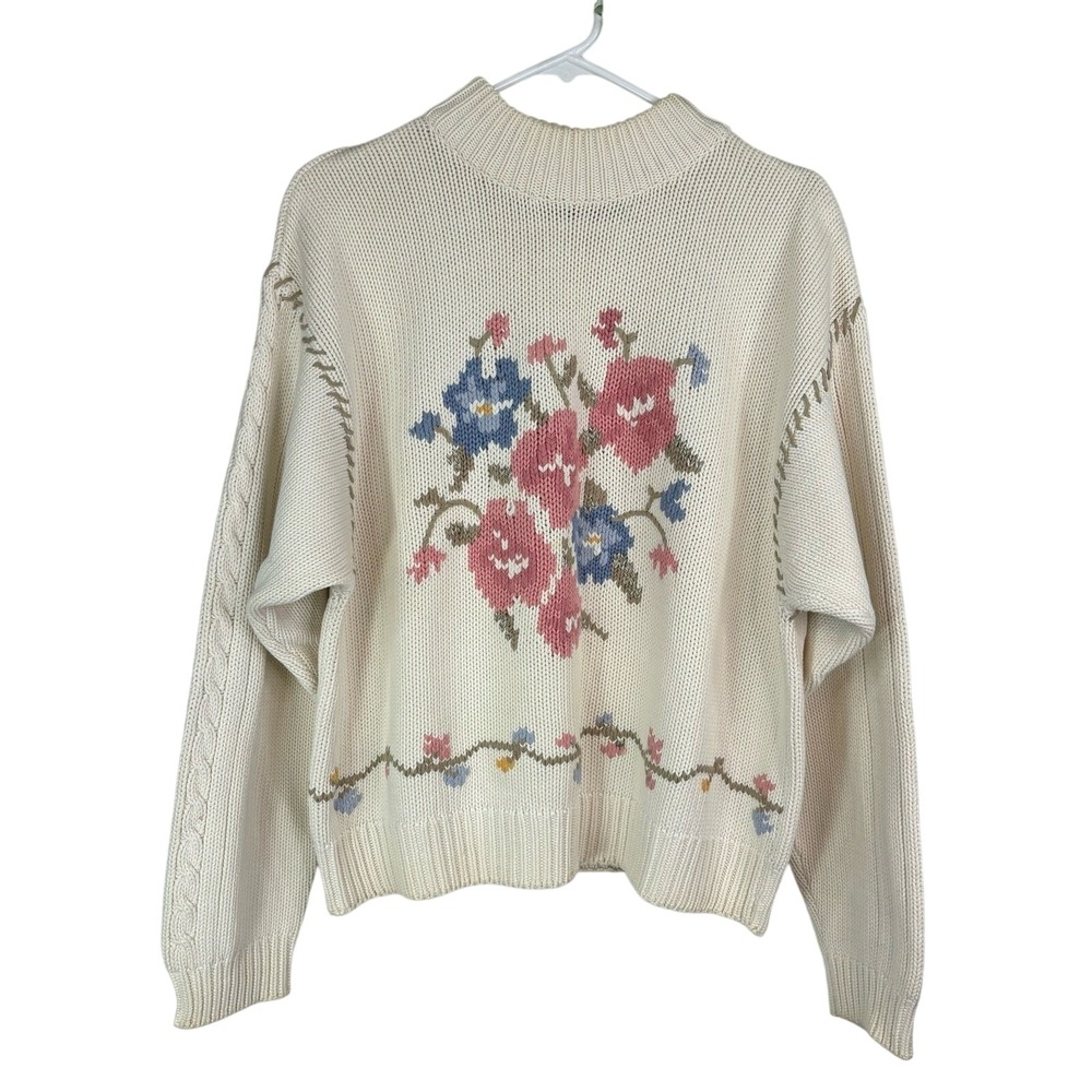Lizsport Vintage Floral Sweater LARGE Cream Cotton Knit Embroidered Grannycore
